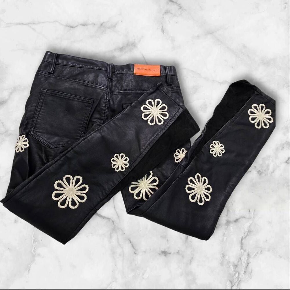 Digital Groupie Made in Effort Mens Black Floral Leather Pants Size 32